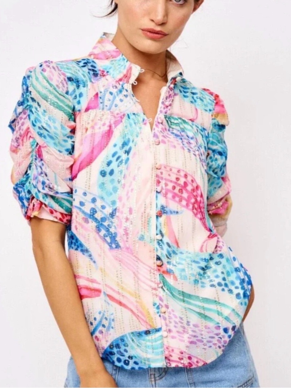 Ciebon Maggie Ruched Sleeve Shirt Pink Blue Multi Size S